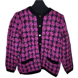 Vintage 80s Peruvian Connection Preppy Cardigan Sweater Womens S Purple Check Br